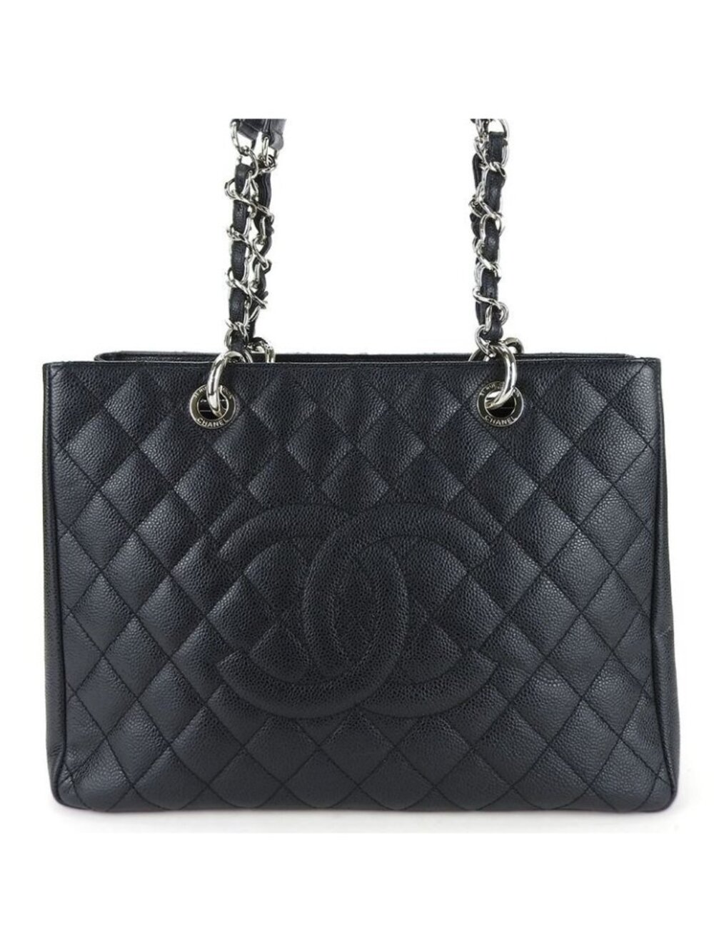Chanel Tote Bag Grand Shopping GST Caviar Leather Black Silver Hardware Chain